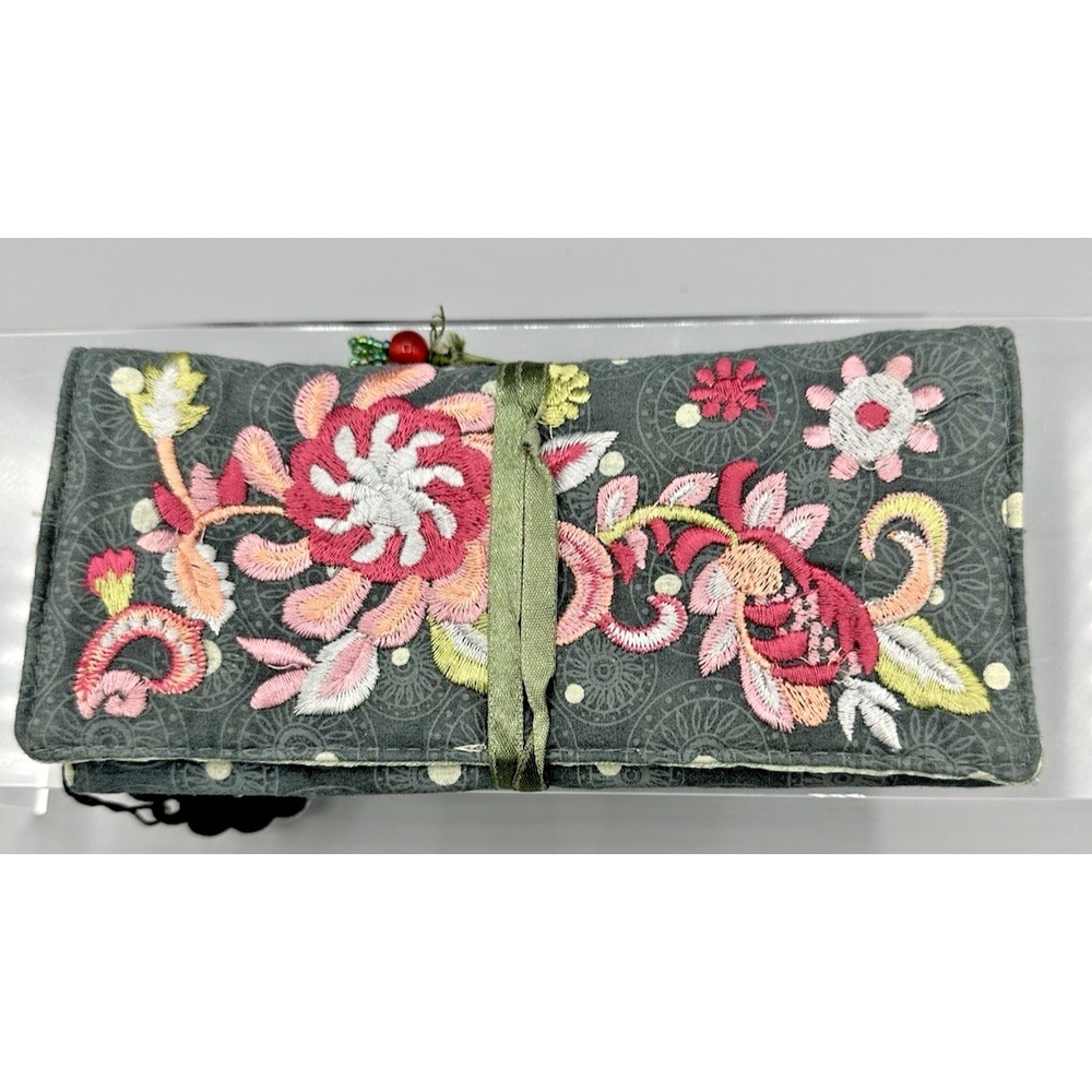 NWT Pier 1 Embroidered Rolled Gray/Green With Satin Lining Jewelry Travel Bag
